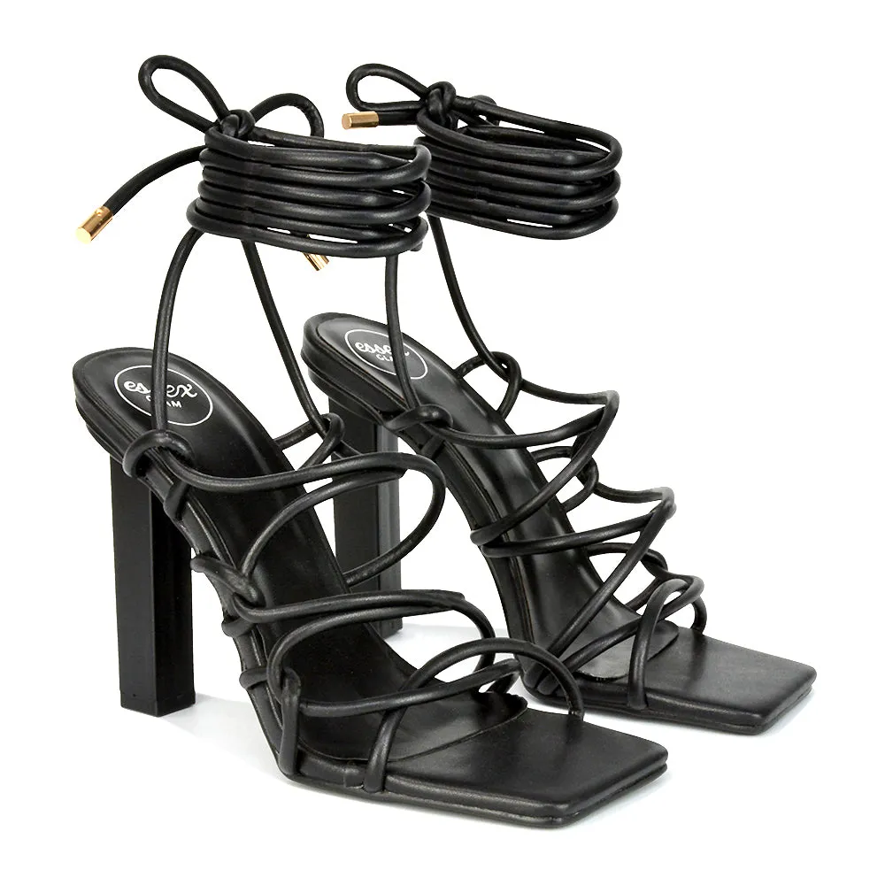 Jolene Strappy Square Toe Block High Heels Lace up Sandals in Black Synthetic Leather sold by XYlondon product image thumbnail 4