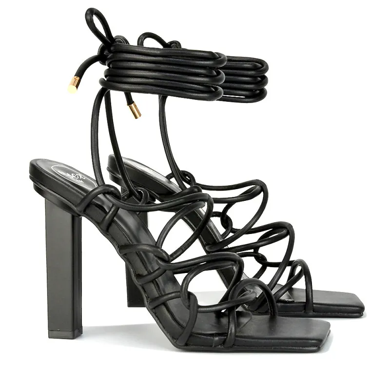 Jolene Strappy Square Toe Block High Heels Lace up Sandals in Black Synthetic Leather sold by XYlondon