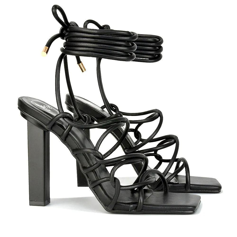 Jolene Strappy Square Toe Block High Heels Lace up Sandals in Black Synthetic Leather sold by XYlondon