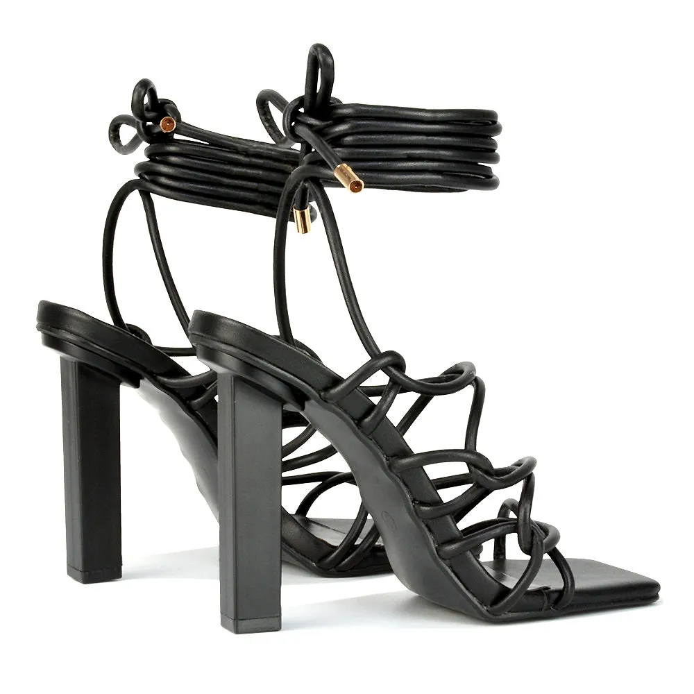 Jolene Strappy Square Toe Block High Heels Lace up Sandals in Black Synthetic Leather sold by XYlondon product image thumbnail 2