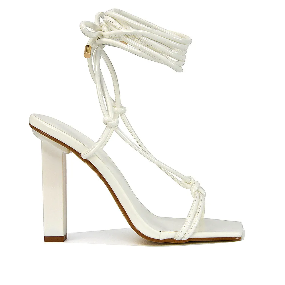 Tanner Strappy Sandals Square Toe Knotted Detail Lace Tie Up High Block Heels in White Patent sold by XYlondon product image thumbnail 5