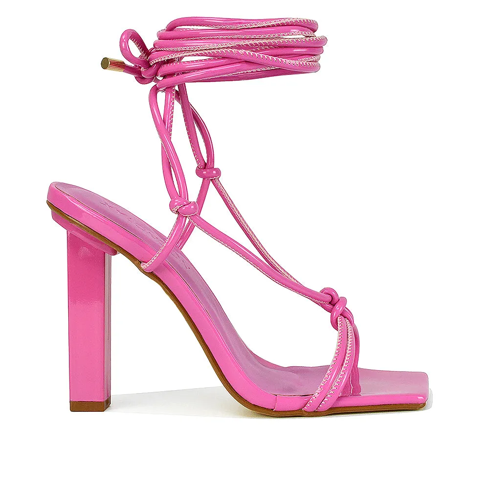Tanner Strappy Sandals Square Toe Knotted Detail Lace Tie Up High Block Heels in Pink Patent sold by XYlondon product image thumbnail 5
