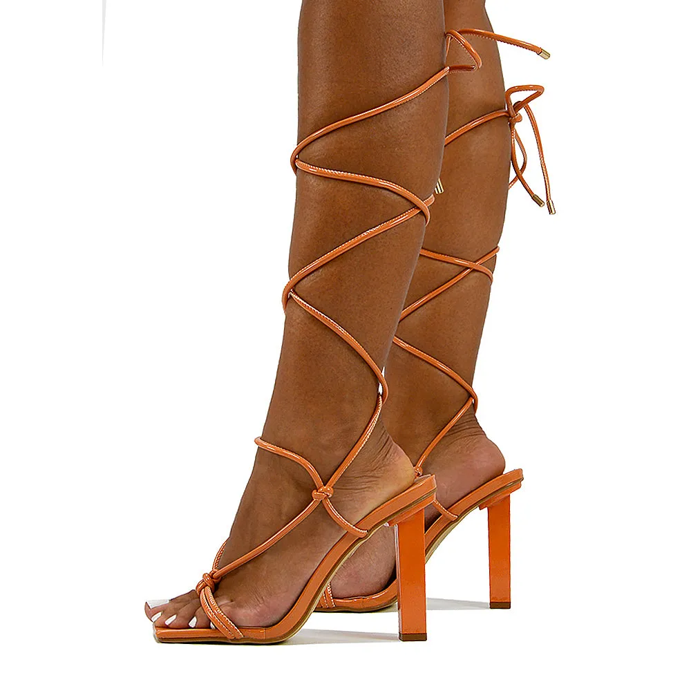 Tanner Strappy Sandals Square Toe Knotted Detail Lace Tie Up High Block Heels in Orange Patent sold by XYlondon product image thumbnail 4