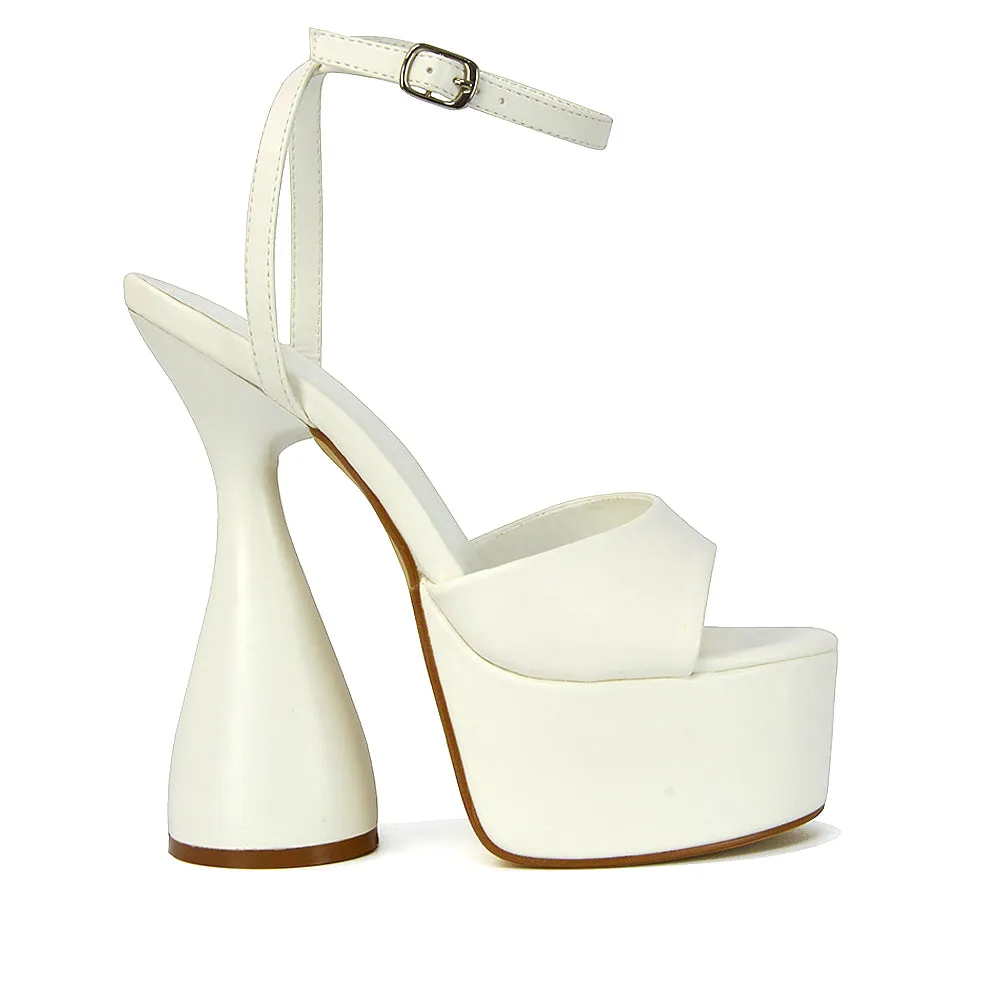 Acacia Strappy Peep Toe Cylinder Block Platform High Heel in White Synthetic Leather sold by XYlondon