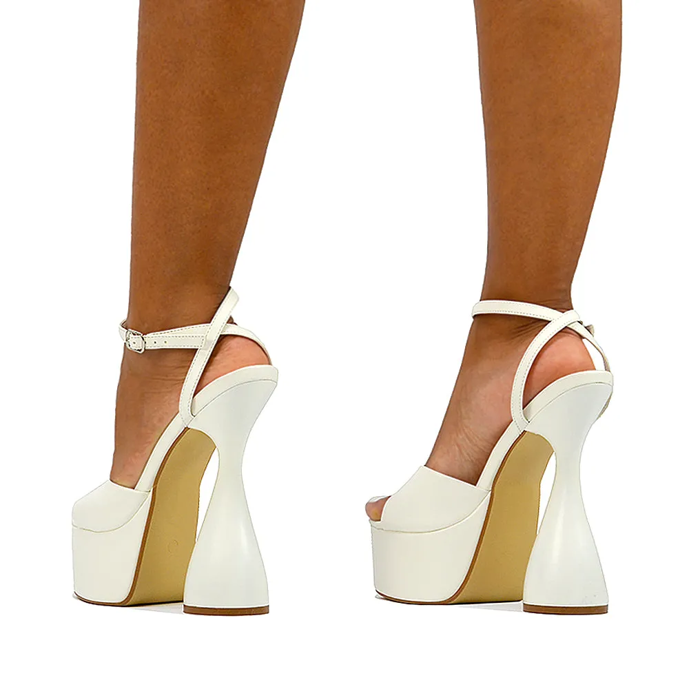 Acacia Strappy Peep Toe Cylinder Block Platform High Heel in White Synthetic Leather sold by XYlondon product image thumbnail 2