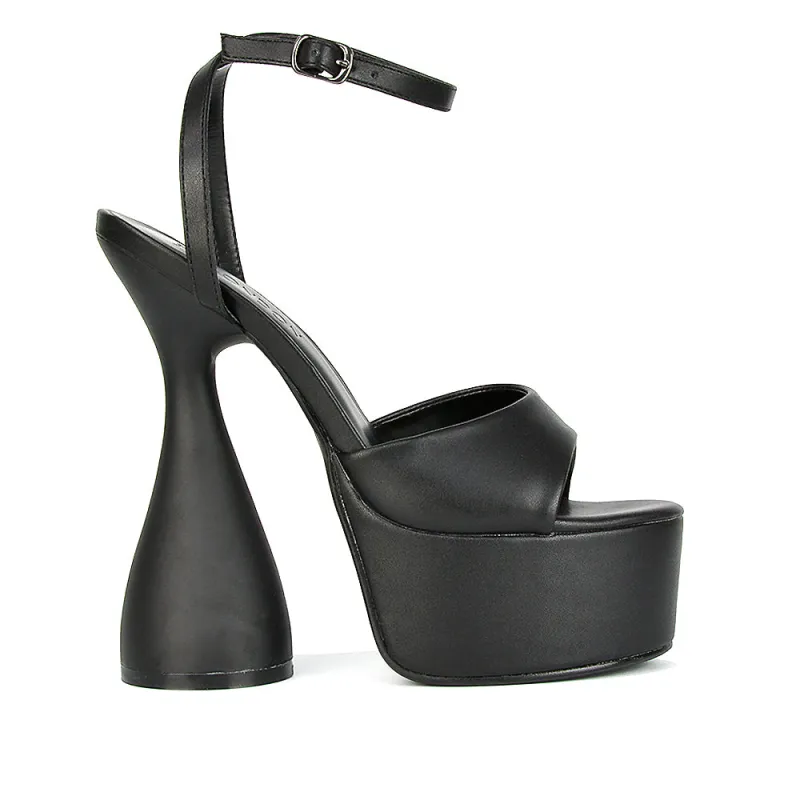 Acacia Strappy Peep Toe Cylinder Block Platform High Heel in Black Synthetic Leather sold by XYlondon