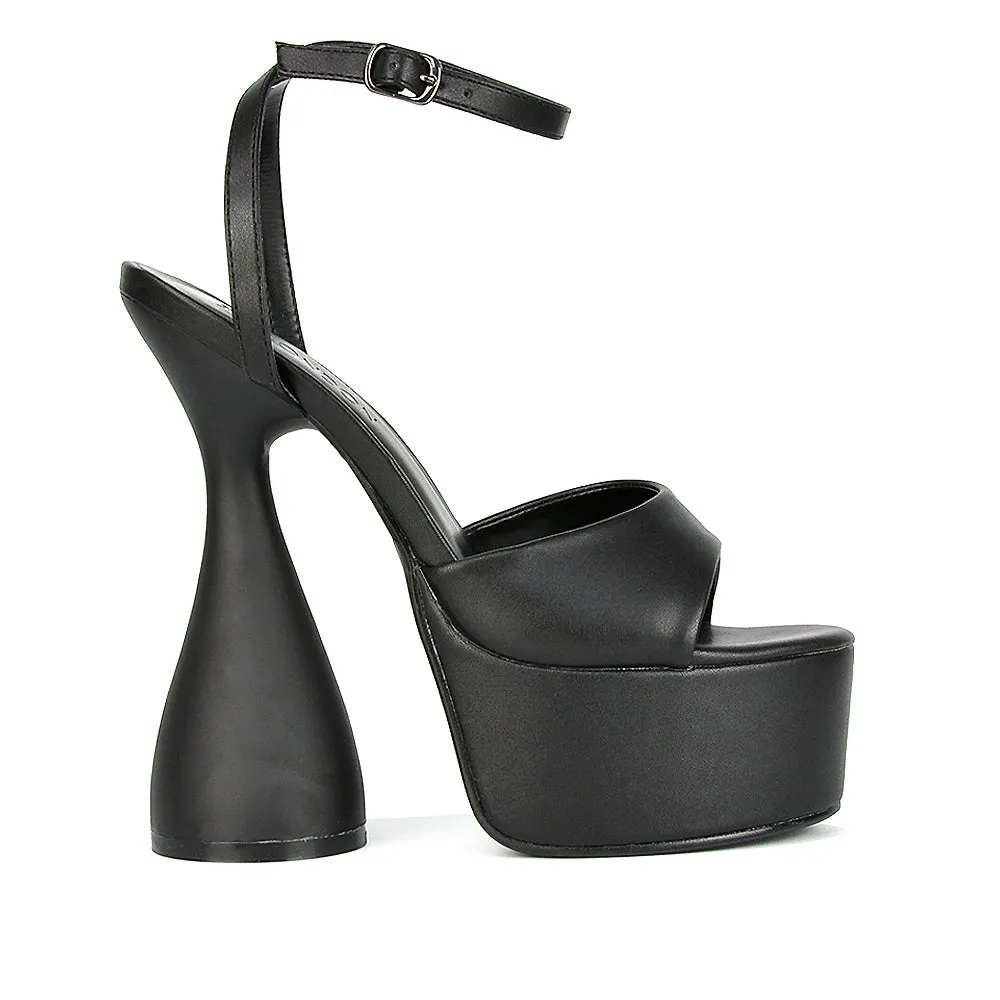 Acacia Strappy Peep Toe Cylinder Block Platform High Heel in Black Synthetic Leather sold by XYlondon