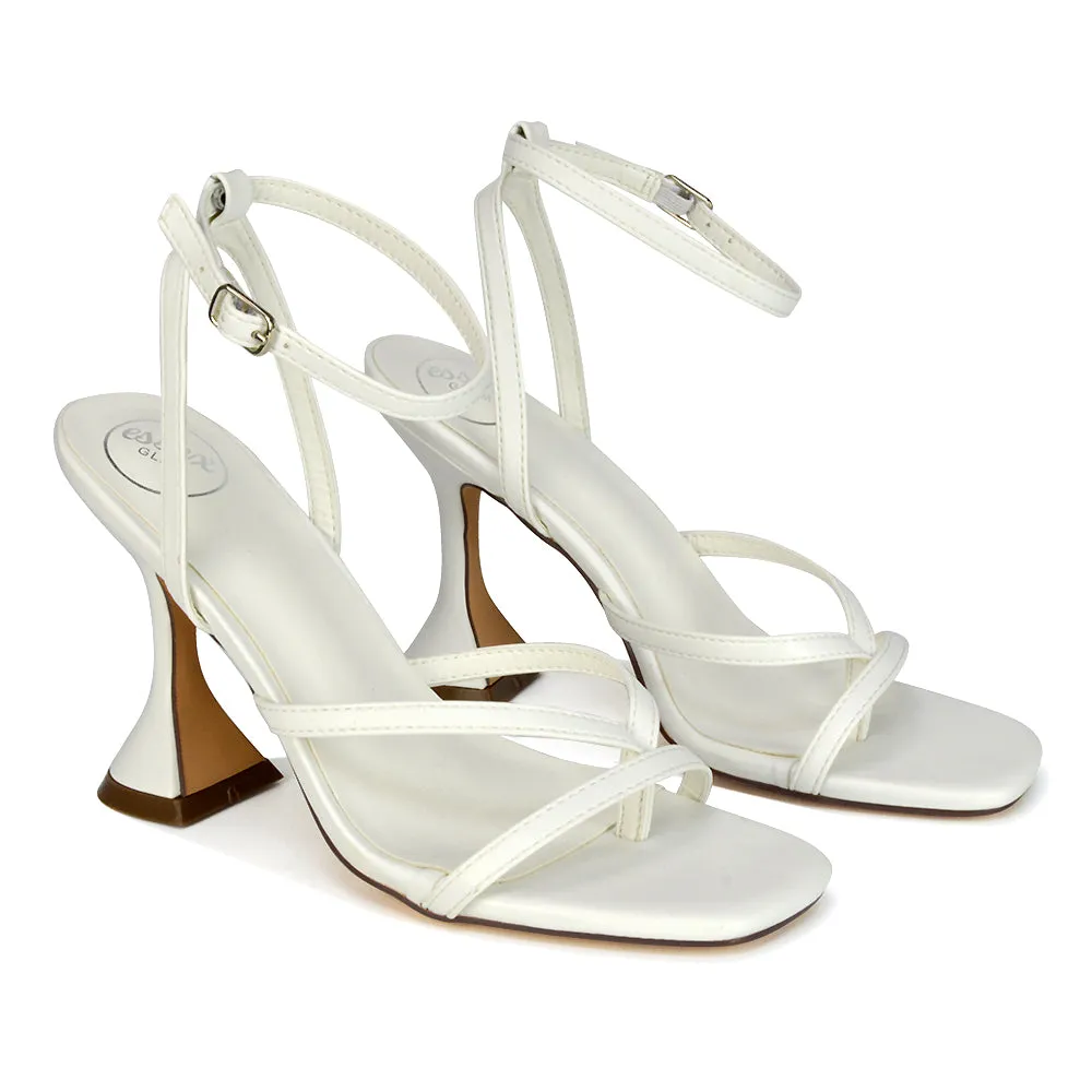 Joni Square Toe Post Block Strappy Sculptured High Heel Sandals in White Synthetic Leather sold by XYlondon product image thumbnail 5