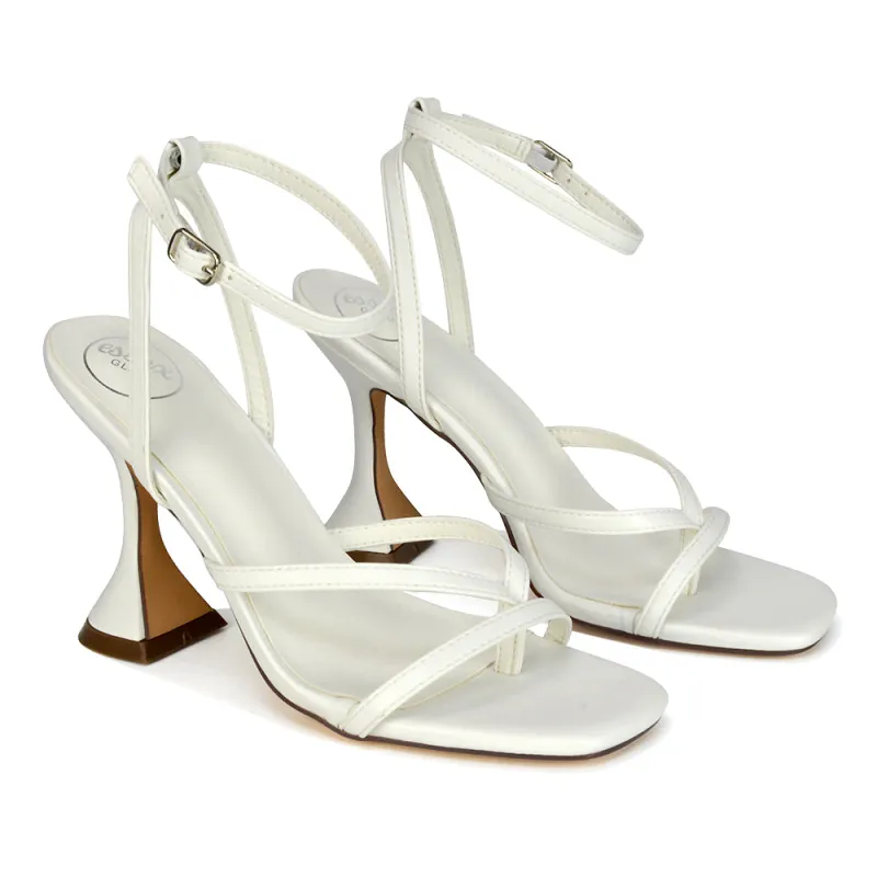 Joni Square Toe Post Block Strappy Sculptured High Heel Sandals in White Synthetic Leather sold by XYlondon