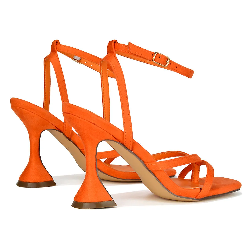 Joni Square Toe Post Block Strappy Sculptured High Heel Sandals in Orange Faux Suede sold by XYlondon product image thumbnail 2