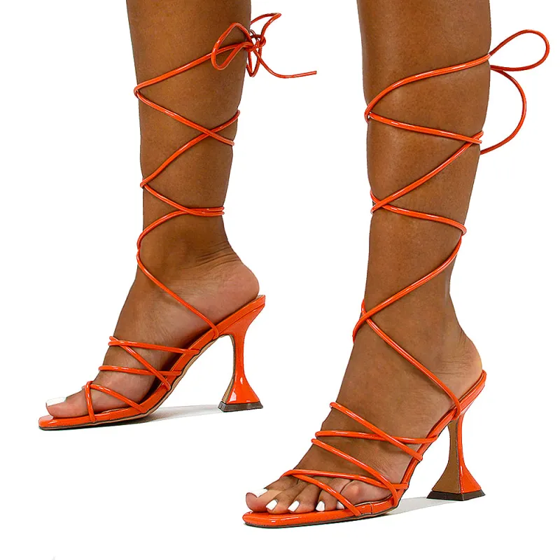 Dakota Lace Up Sculptured Strappy Square Toe Party High Heel Sandals in Orange Patent sold by XYlondon