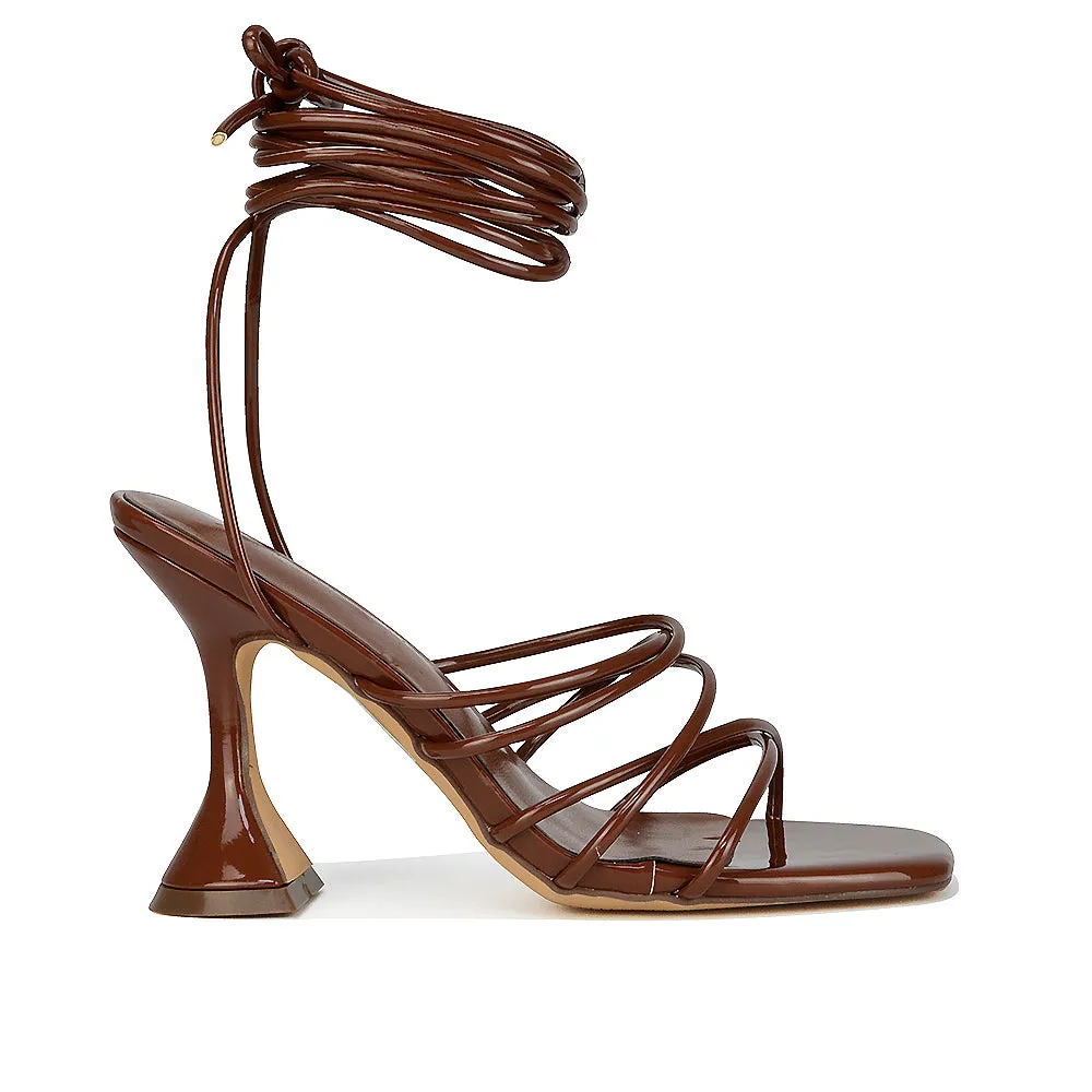 Dakota Lace Up Sculptured Strappy Square Toe Party High Heel Sandals in Brown Patent sold by XYlondon product image thumbnail 4