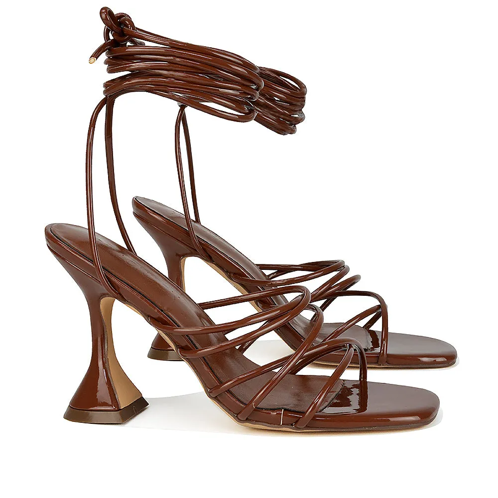 Dakota Lace Up Sculptured Strappy Square Toe Party High Heel Sandals in Brown Patent sold by XYlondon product image thumbnail 5