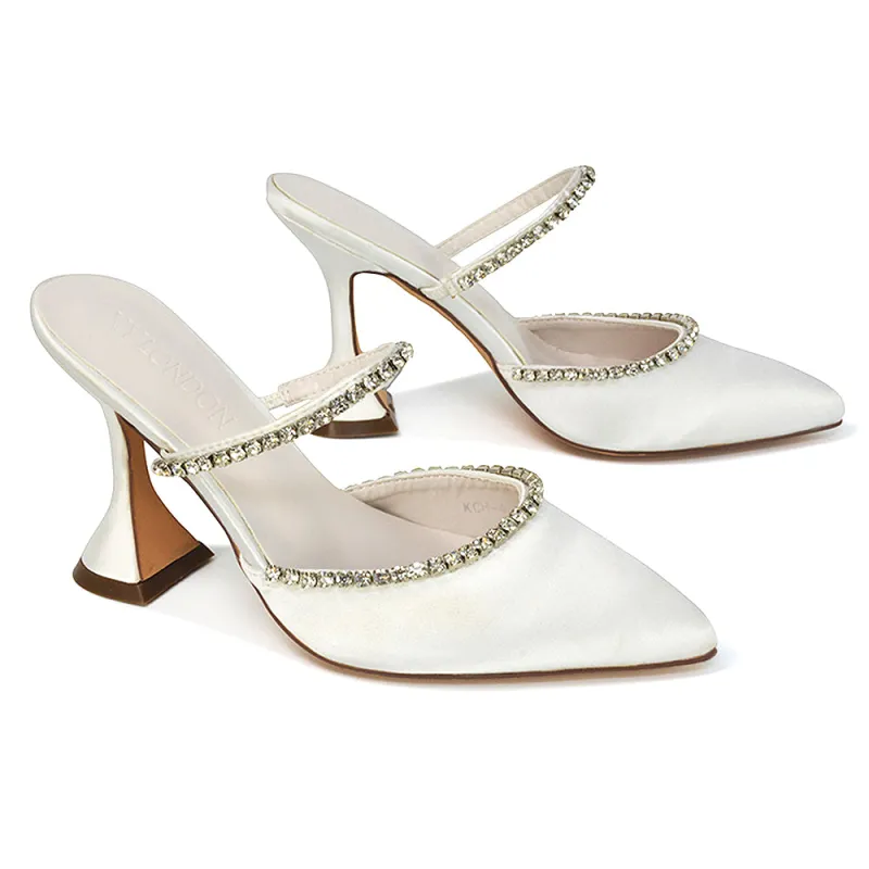 Deena Pointed Toe Diamante Flared High Heel Court Shoe Mule in Ivory Satin sold by XYlondon
