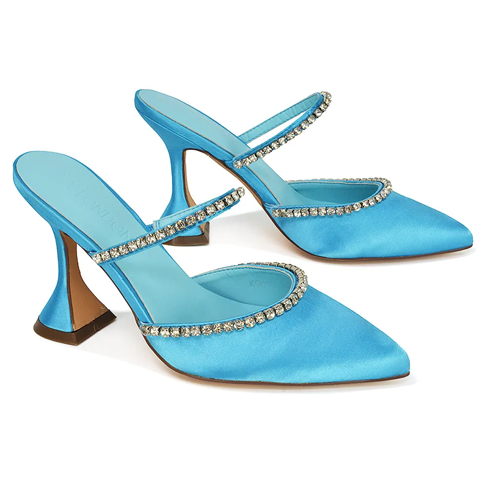 Deena Pointed Toe Diamante Flared High Heel Court Shoe Mule in Blue Satin sold by XYlondon