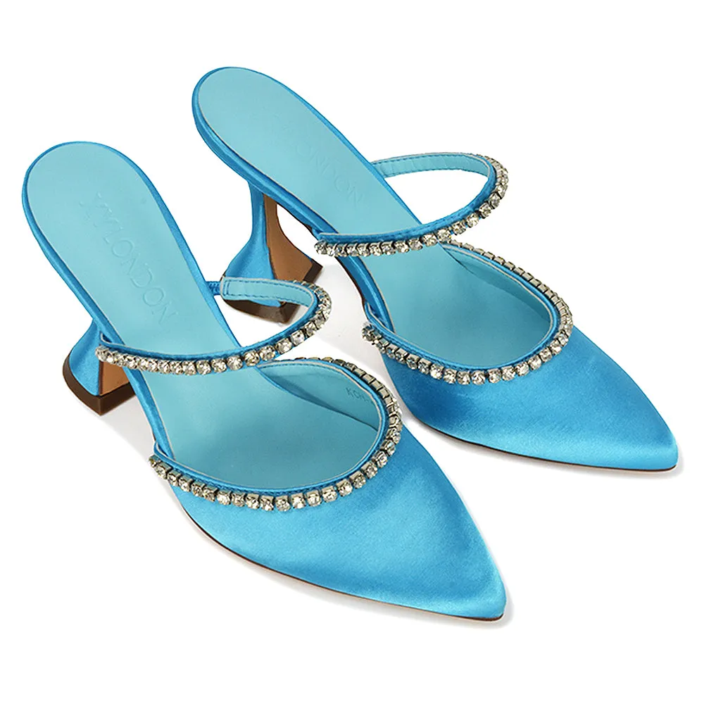 Deena Pointed Toe Diamante Flared High Heel Court Shoe Mule in Blue Satin sold by XYlondon product image thumbnail 5