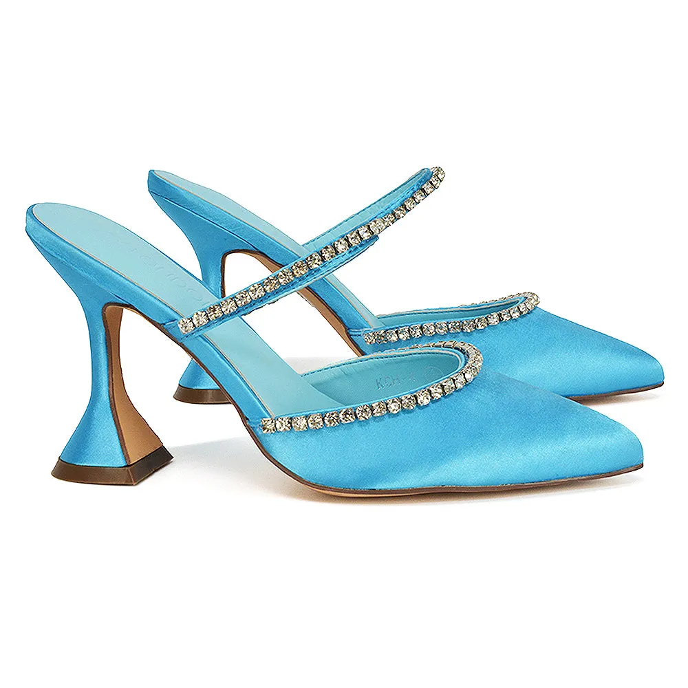 Deena Pointed Toe Diamante Flared High Heel Court Shoe Mule in Blue Satin sold by XYlondon product image thumbnail 4