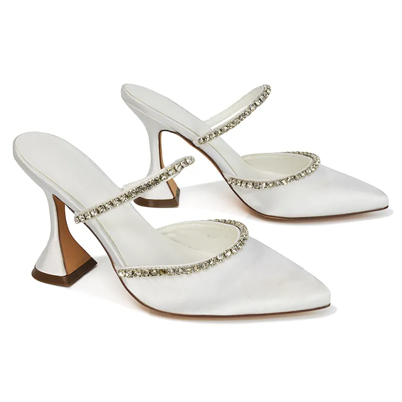 Deena Pointed Toe Diamante Flared High Heel Court Shoe Mule in White Satin made by XYlondon