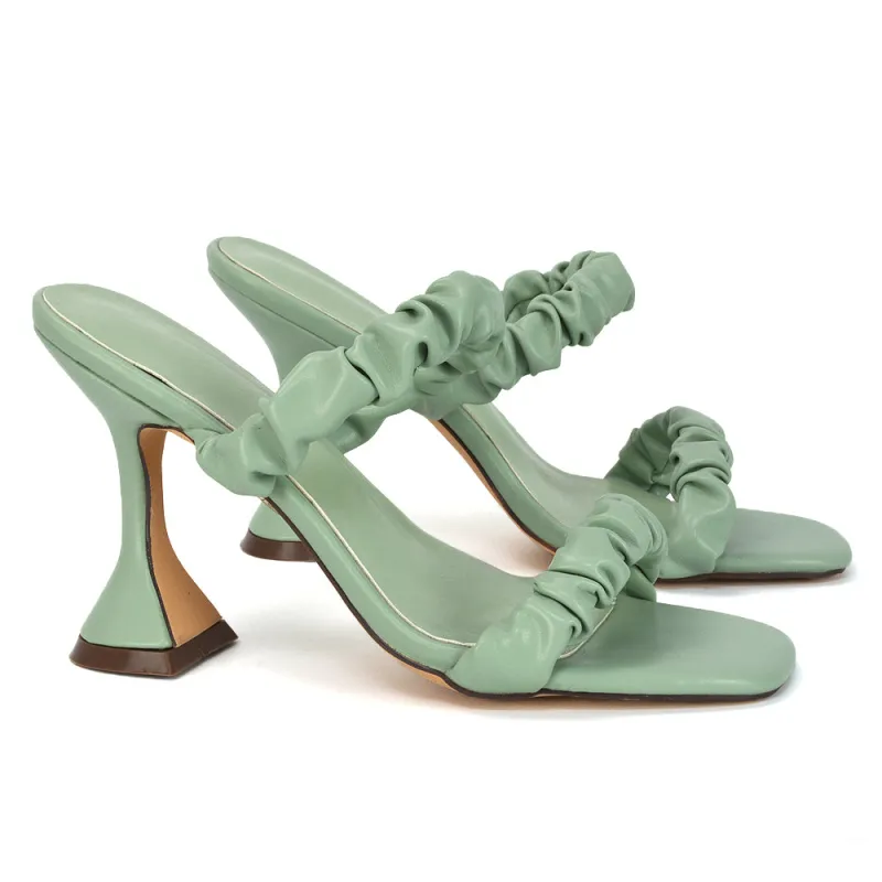 DAPHNE RUCHED DOUBLE STRAP SQUARE TOE SLIP ON SCULPTURED HIGH HEEL SANDALS IN MINT sold by XYlondon