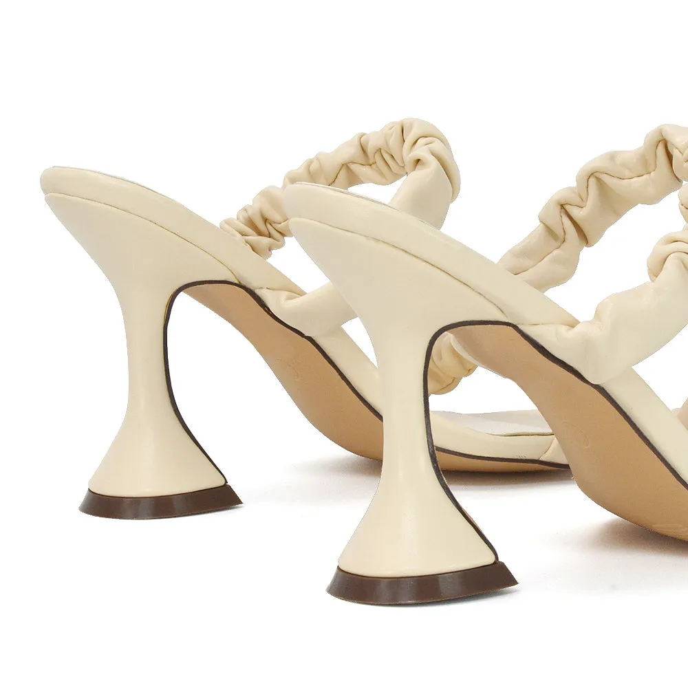 DAPHNE RUCHED DOUBLE STRAP SQUARE TOE SLIP ON SCULPTURED HIGH HEEL SANDALS IN NUDE sold by XYlondon product image thumbnail 2