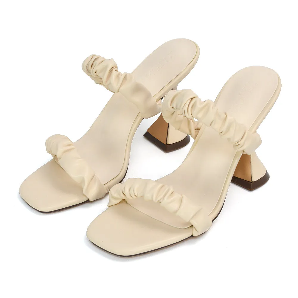 DAPHNE RUCHED DOUBLE STRAP SQUARE TOE SLIP ON SCULPTURED HIGH HEEL SANDALS IN NUDE sold by XYlondon product image thumbnail 5