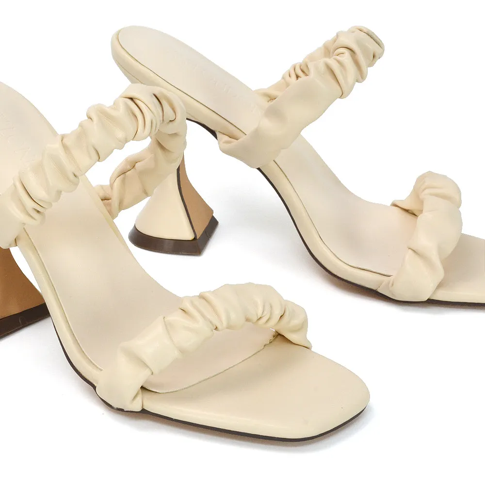 DAPHNE RUCHED DOUBLE STRAP SQUARE TOE SLIP ON SCULPTURED HIGH HEEL SANDALS IN NUDE sold by XYlondon product image thumbnail 4