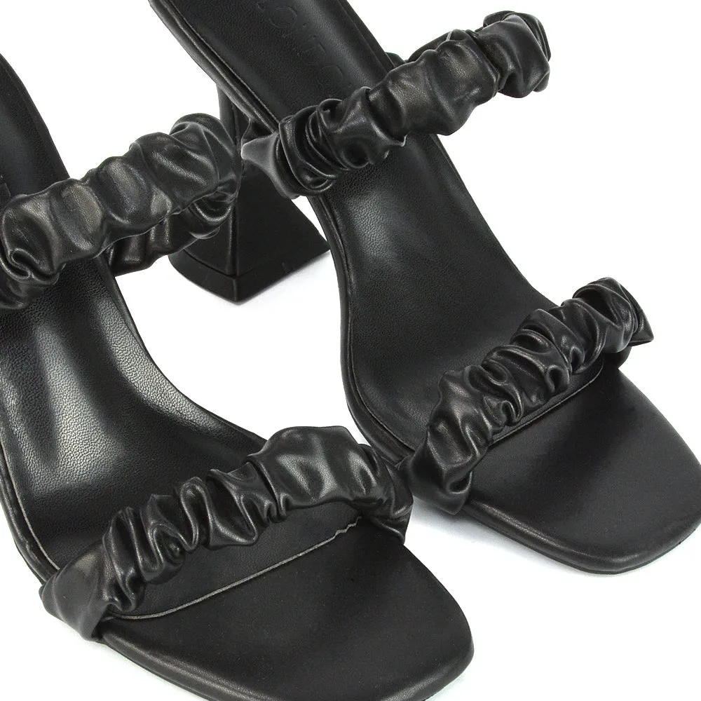 DAPHNE RUCHED DOUBLE STRAP SQUARE TOE SLIP ON SCULPTURED HIGH HEEL SANDALS IN BLACK sold by XYlondon product image thumbnail 4