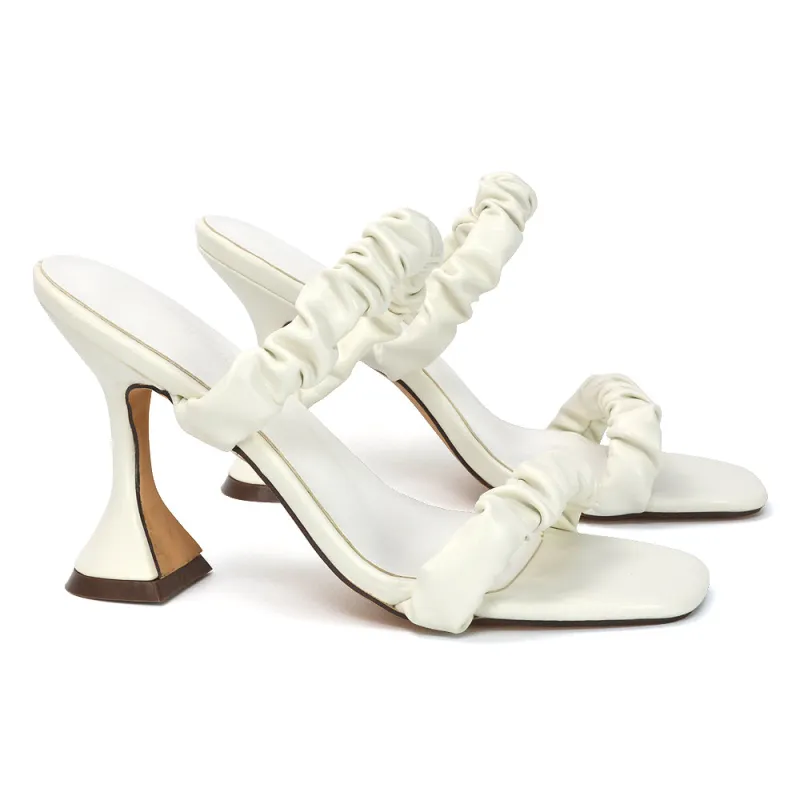 DAPHNE RUCHED DOUBLE STRAP SQUARE TOE SLIP ON SCULPTURED HIGH HEEL SANDALS IN WHITE sold by XYlondon