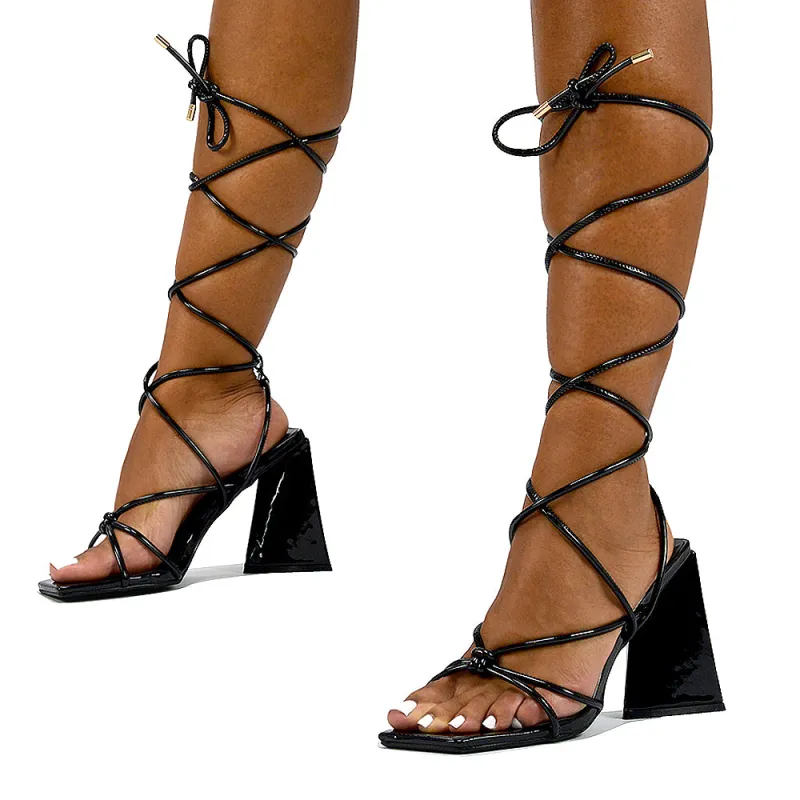 Krystal Strappy Lace Up Square Toe Flared Block High Heel in Black Patent sold by XYlondon