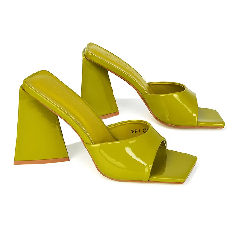 Gracia Square Peep Toe Sculptured Flared Block Heeled Mules in Green Patent sold by XYlondon