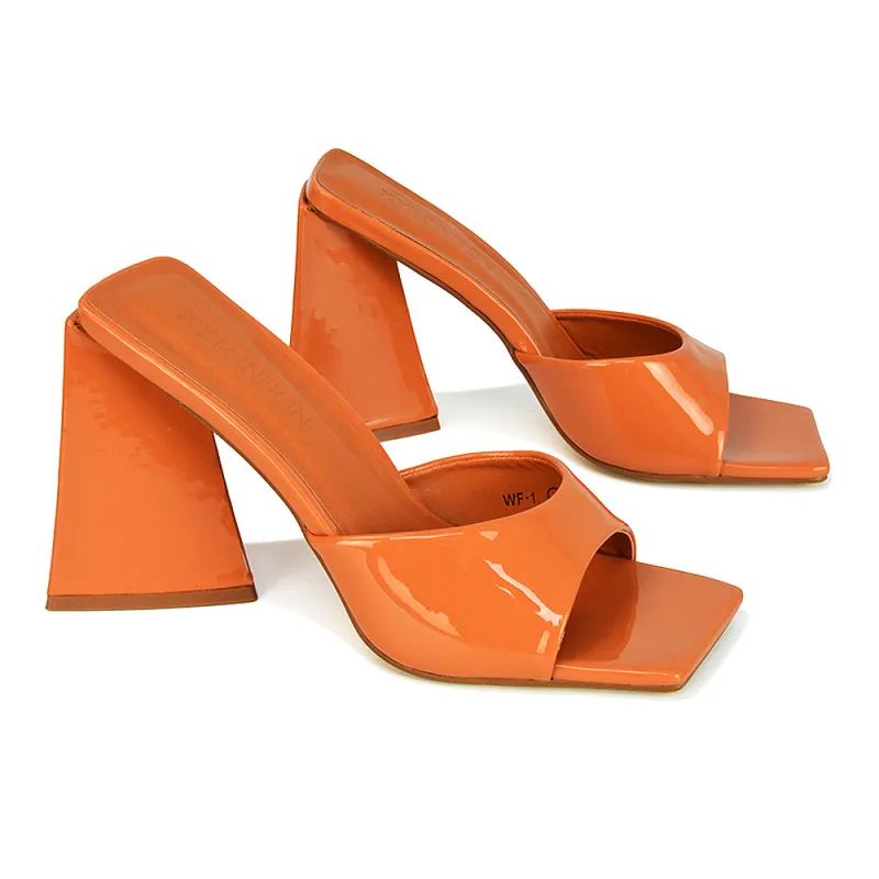 Gracia Square Peep Toe Sculptured Flared Block Heeled Mules in Orange Patent sold by XYlondon
