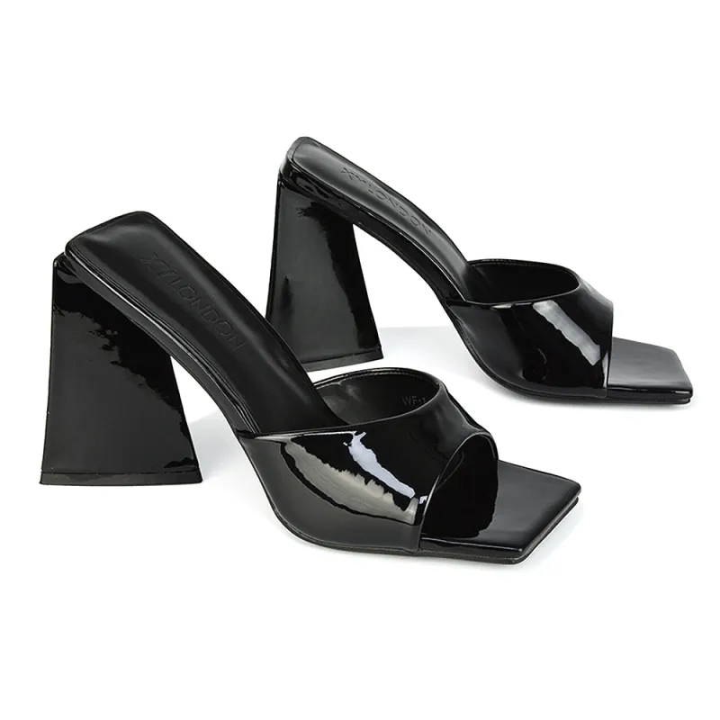 Gracia Square Peep Toe Sculptured Flared Block Heeled Mules in Black Patent sold by XYlondon