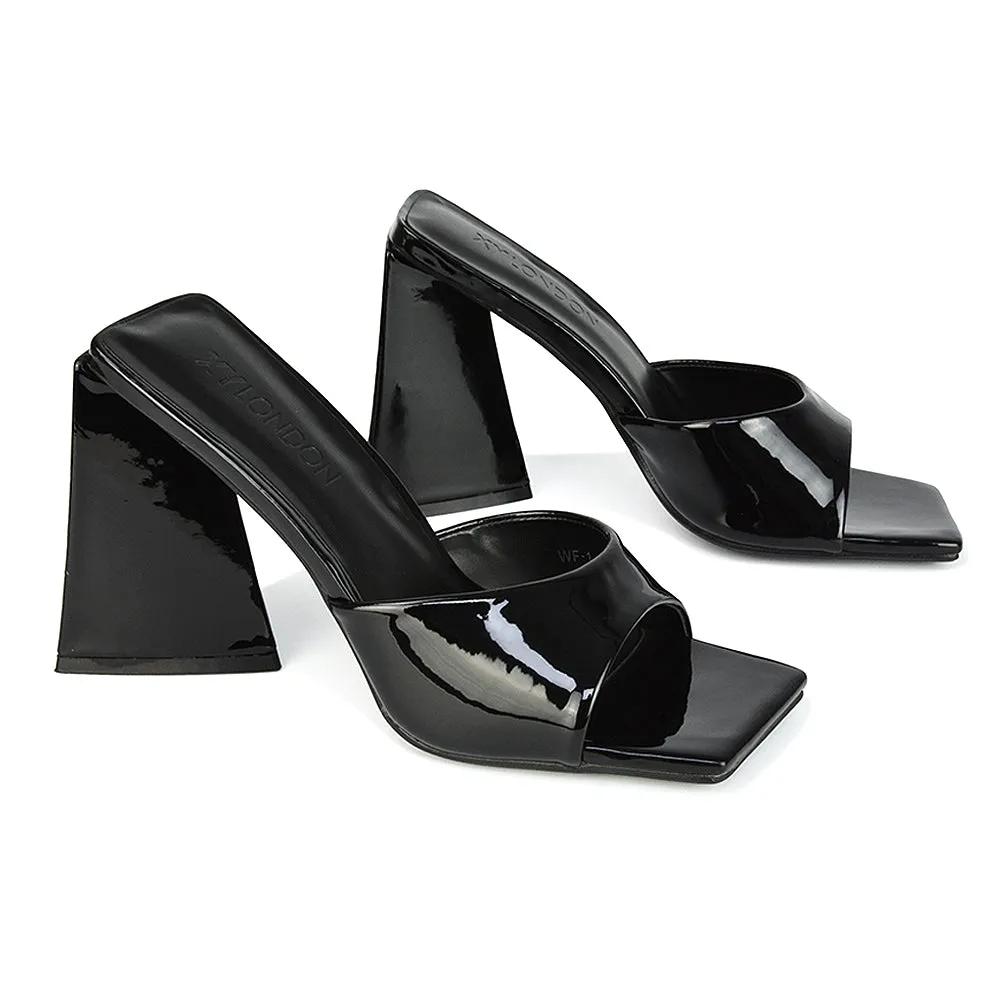 Gracia Square Peep Toe Sculptured Flared Block Heeled Mules in Black Patent sold by XYlondon