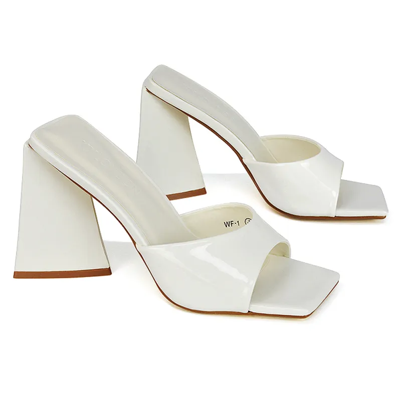 Gracia Square Peep Toe Sculptured Flared Block Heeled Mules in White Patent sold by XYlondon