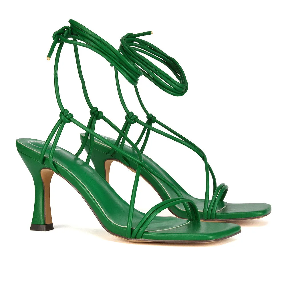 Callie Lace Up Square Toe Mid High Heel Sandals in Green Synthetic Leather sold by XYlondon product image thumbnail 3