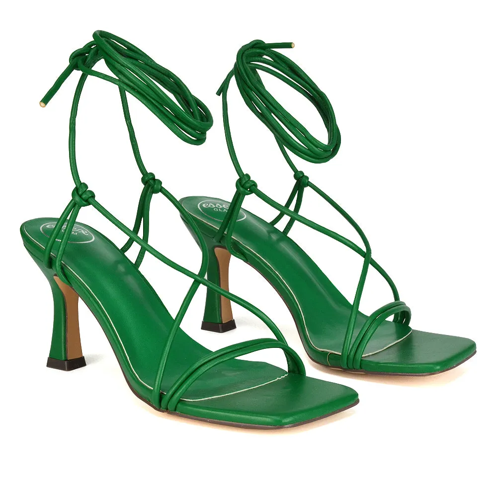 Callie Lace Up Square Toe Mid High Heel Sandals in Green Synthetic Leather sold by XYlondon