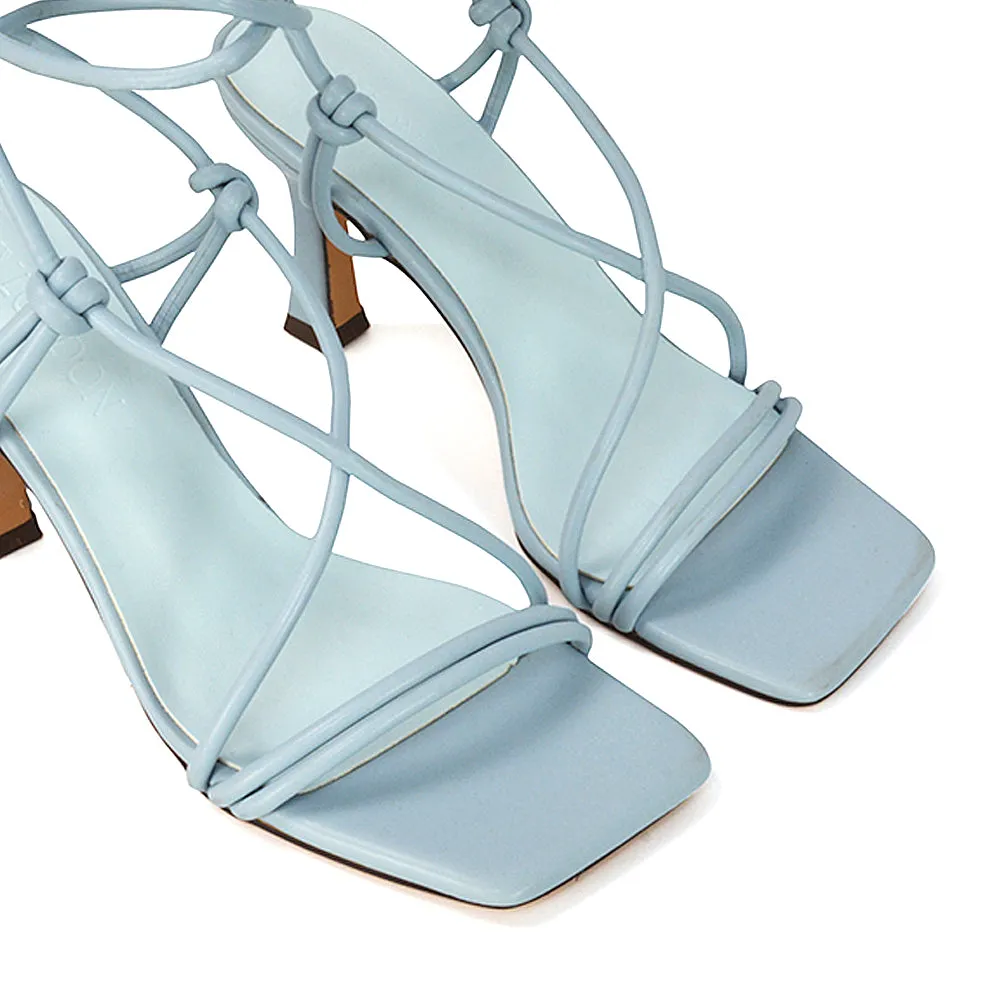 Callie Lace Up Square Toe Mid High Heel Sandals in Blue Synthetic Leather sold by XYlondon product image thumbnail 4