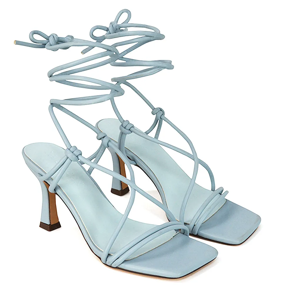 Callie Lace Up Square Toe Mid High Heel Sandals in Blue Synthetic Leather sold by XYlondon product image thumbnail 3