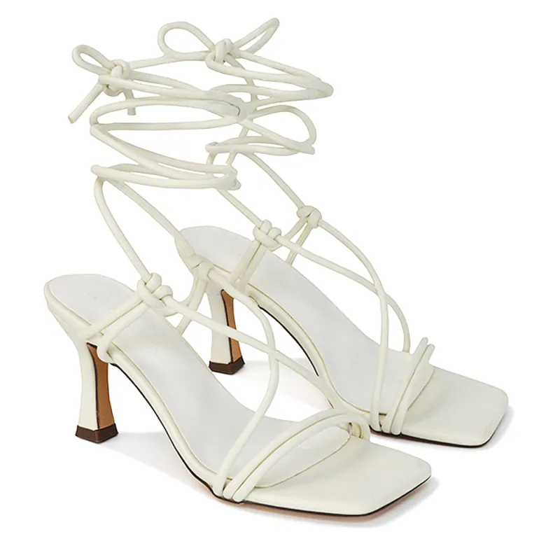 Callie Lace Up Square Toe Mid High Heel Sandals in White Synthetic Leather made by XYlondon