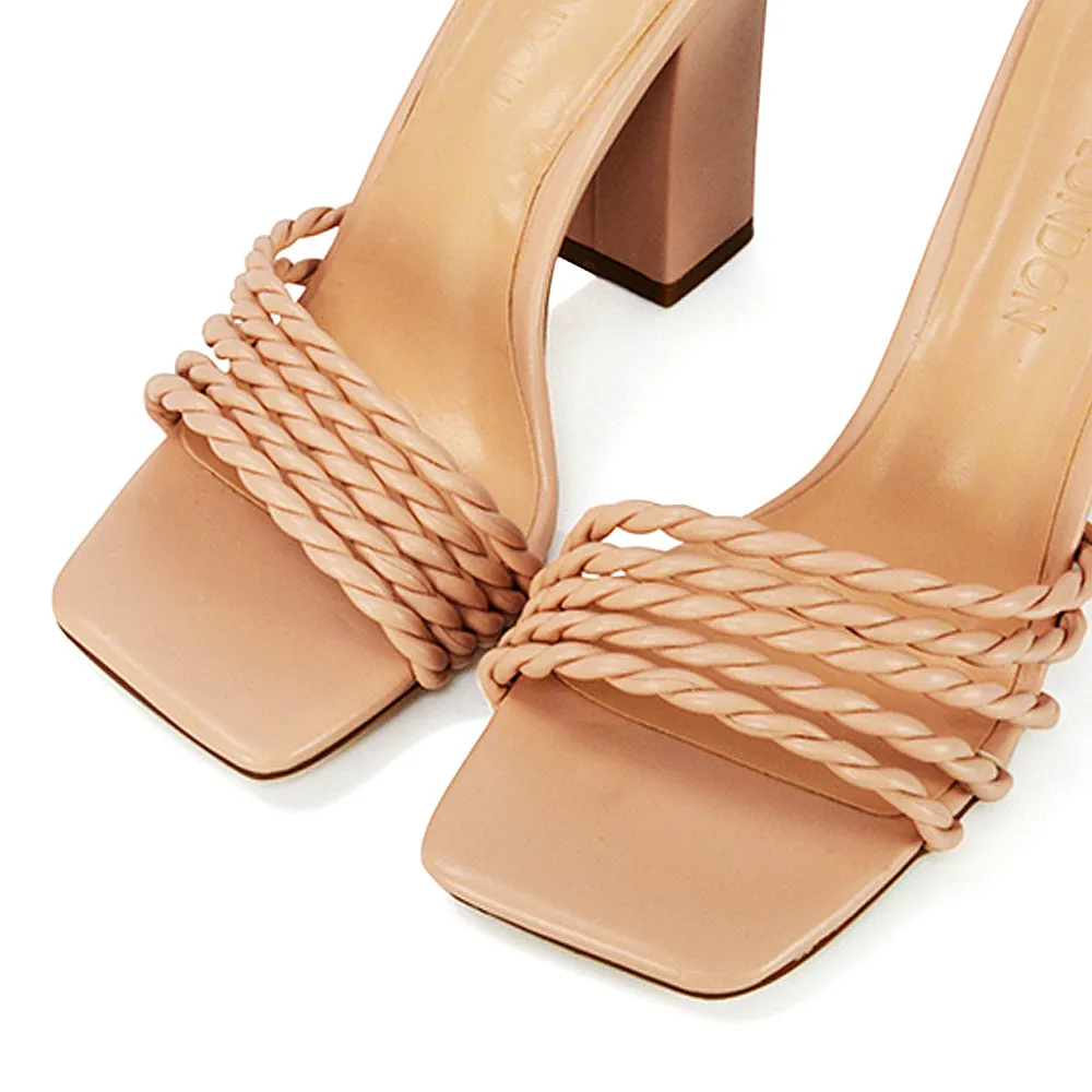 Selene Twist Detail Strappy Square Toe Block Heel Mules in Nude Synthetic Leather sold by XYlondon product image thumbnail 5