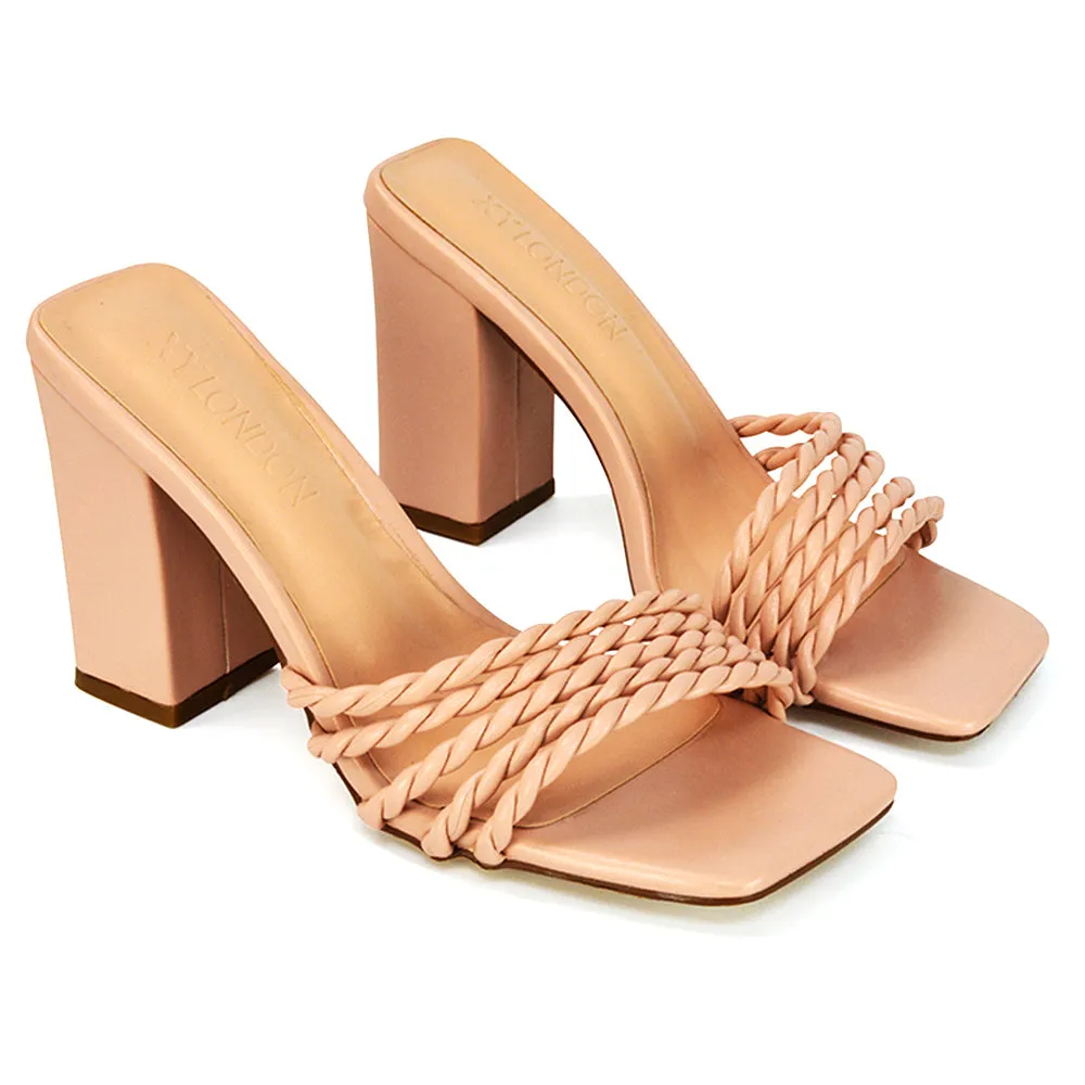 Selene Twist Detail Strappy Square Toe Block Heel Mules in Nude Synthetic Leather sold by XYlondon