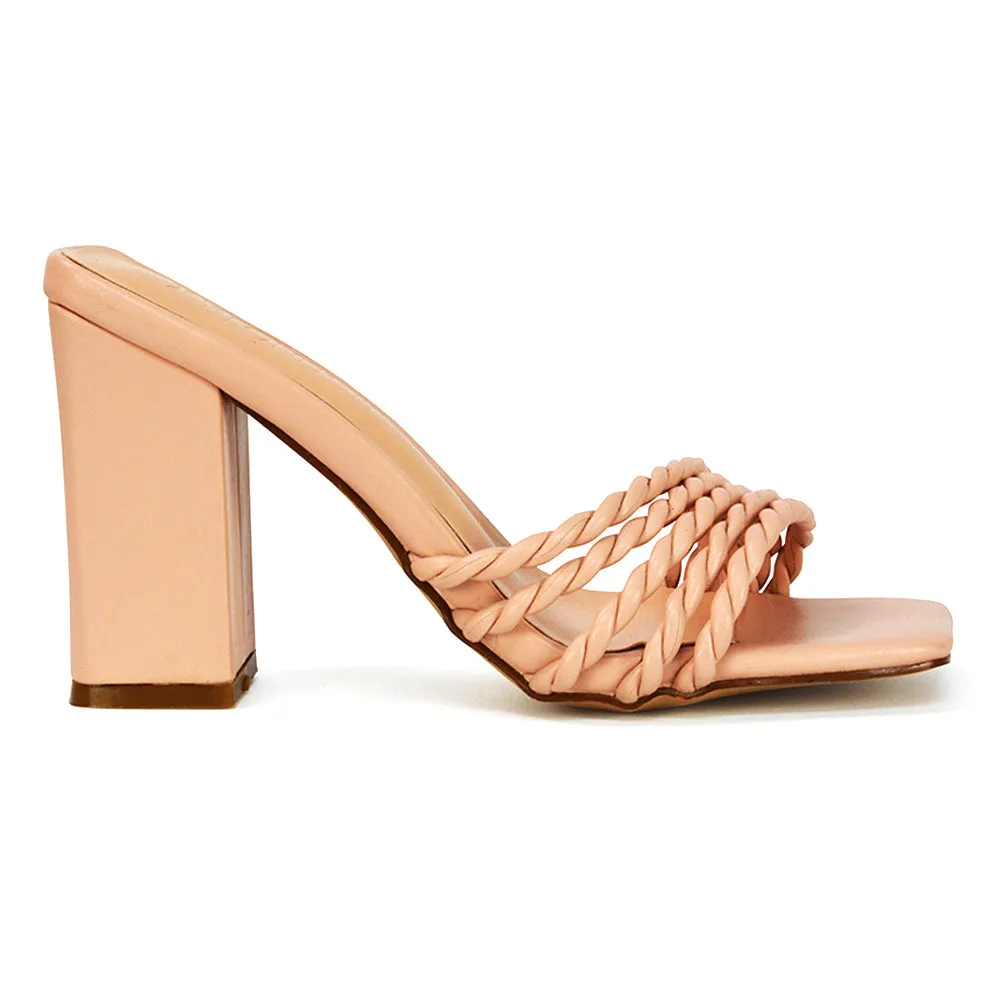 Selene Twist Detail Strappy Square Toe Block Heel Mules in Nude Synthetic Leather sold by XYlondon product image thumbnail 3