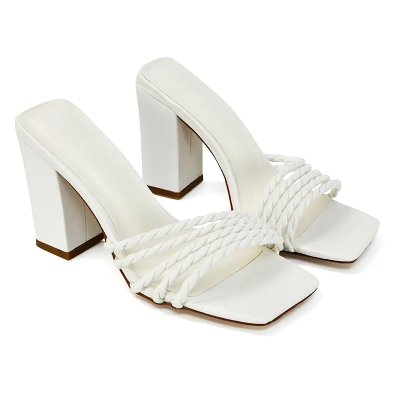 Selene Twist Detail Strappy Square Toe Block Heel Mules in White Synthetic Leather sold by XYlondon