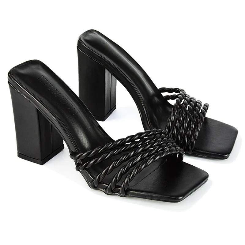 Selene Twist Detail Strappy Square Toe Block Heel Mules in Black Synthetic Leather sold by XYlondon