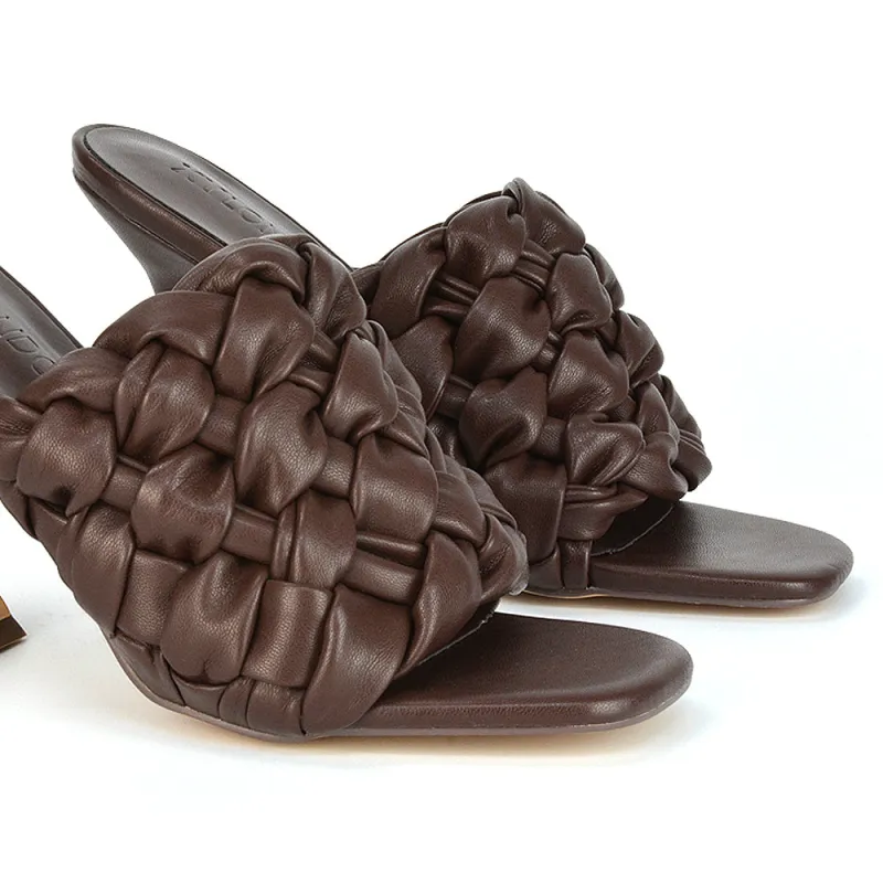Jaci Woven Sandal Strap Square Toe Sculptured Flared Low mid High Heel Mules in Brown Synthetic Leather sold by XYlondon