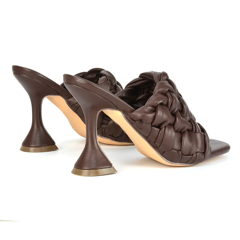 Jaci Woven Sandal Strap Square Toe Sculptured Flared Low mid High Heel Mules in Brown Synthetic Leather sold by XYlondon product image thumbnail 2