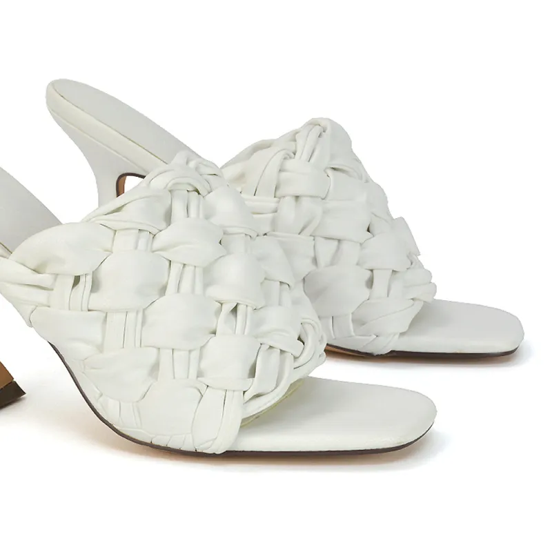 Jaci Woven Sandal Strap Square Toe Sculptured Flared Low mid High Heel Mules in White Synthetic Leather sold by XYlondon