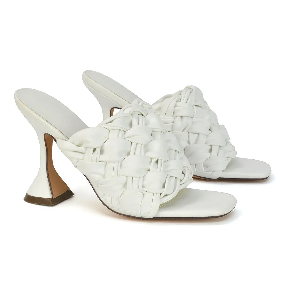 Jaci Woven Sandal Strap Square Toe Sculptured Flared Low mid High Heel Mules in White Synthetic Leather sold by XYlondon product image thumbnail 4