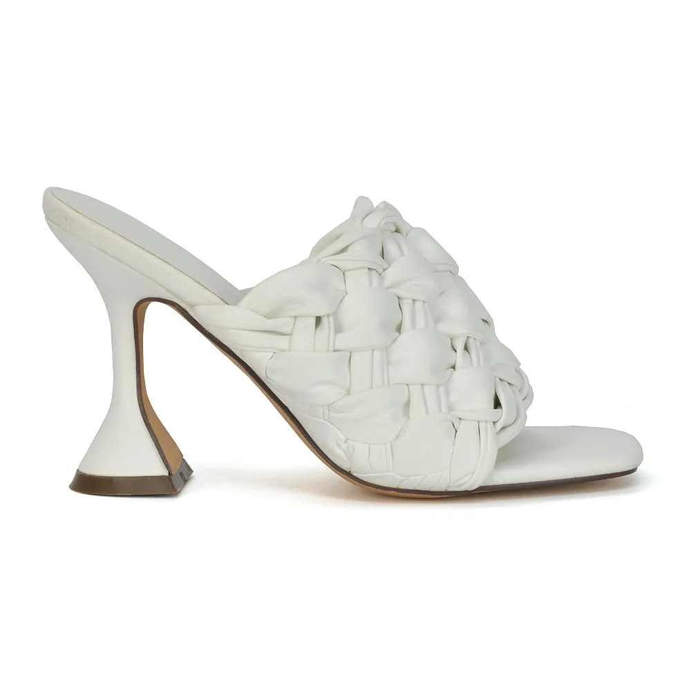 Jaci Woven Sandal Strap Square Toe Sculptured Flared Low mid High Heel Mules in White Synthetic Leather sold by XYlondon product image thumbnail 3