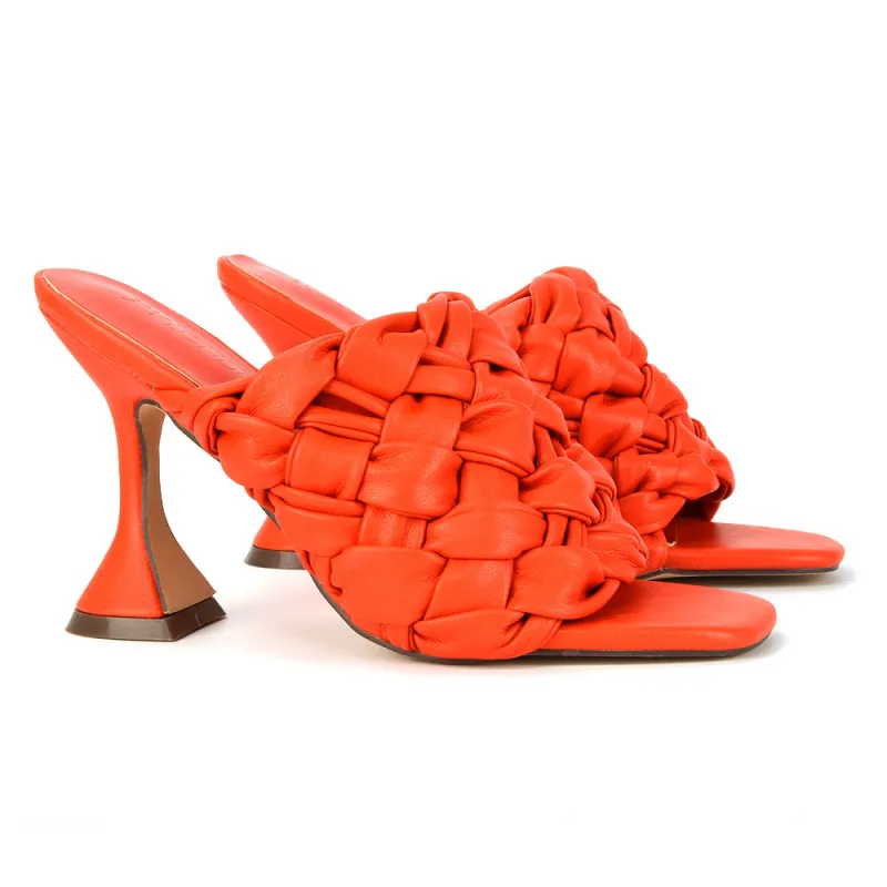 Jaci Woven Sandal Strap Square Toe Sculptured Flared Low mid High Heel Mules in Orange Synthetic Leather sold by XYlondon